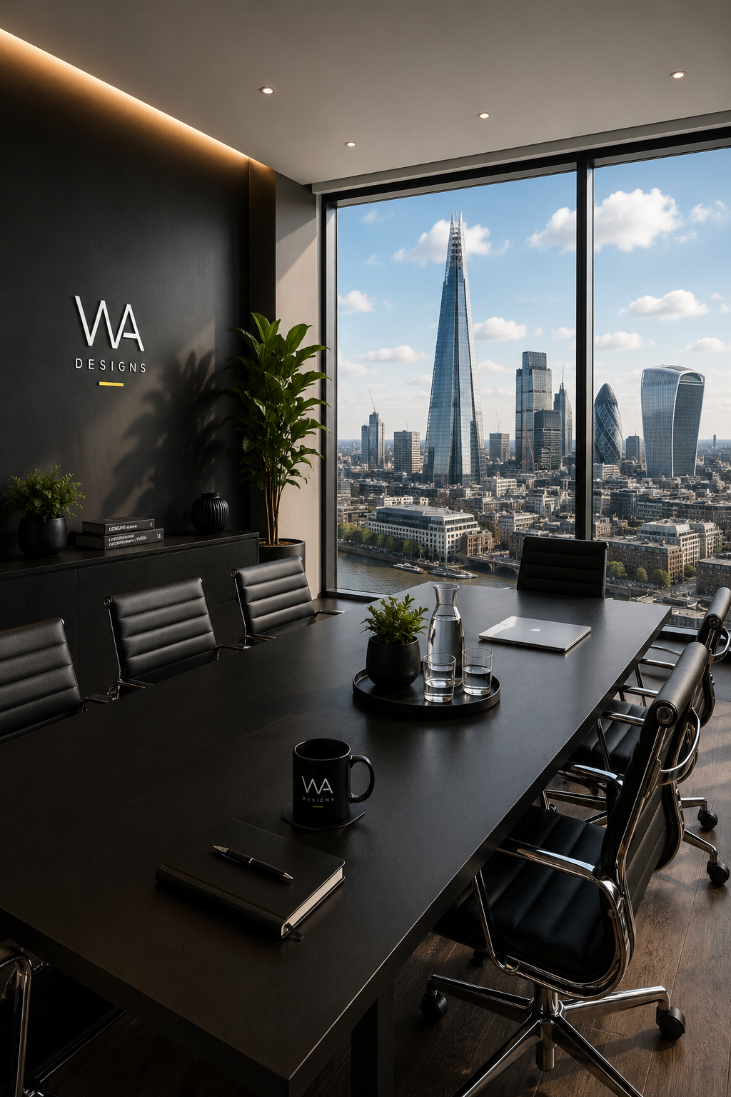 Modern WA Designs London office meeting room with conference table overlooking the London skyline and The Shard.
